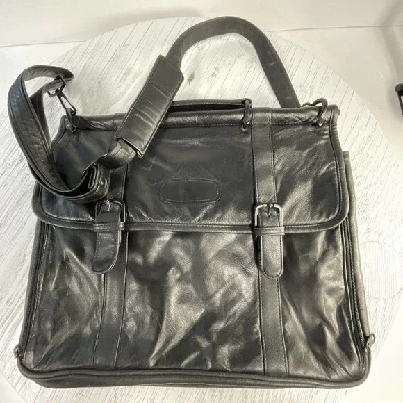 Black Leather Messenger Bag Magnetic Snap Button Close Shoulder Strap - Picture 1 of 16